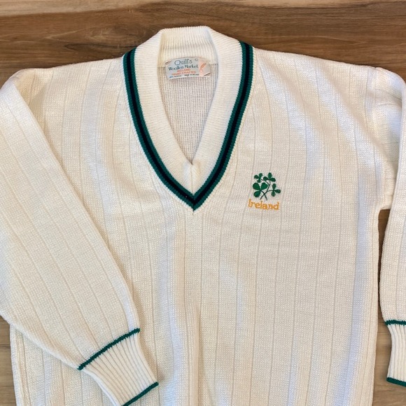 Vintage Quills Woollen Market Ireland Cricket Sweater Mens Large Shamrock Green - Picture 2 of 7